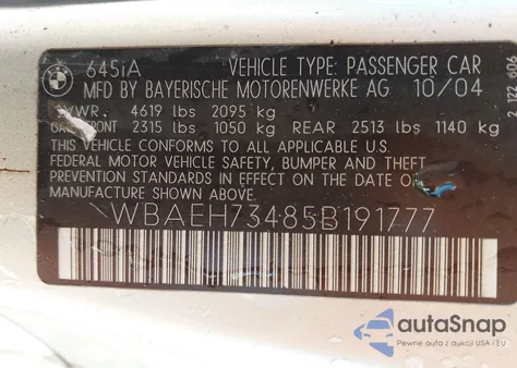 2005 BMW 6 Series 645Ci from USA, damaged, VIN WBAEH73485B191777